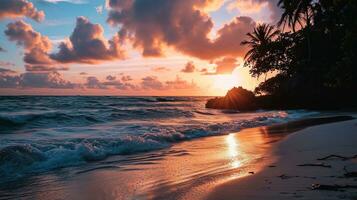 ai genererad skön solnedgång på de strand. hav vågor och stänk. foto