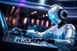 ai genererad robot humanoid arbetssätt på en dator i en nattklubb foto