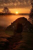 ai genererad soluppgång över en megalitisk grav foto