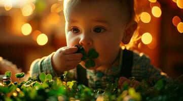 ai genererad bebis pojke slick några grön shamrocks foto