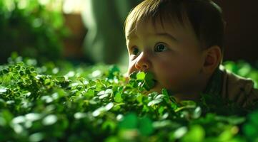 ai genererad bebis pojke slick några grön shamrocks foto