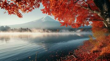 ai genererad fuji berg och sjö Kawaguchiko i höst säsong, japan foto