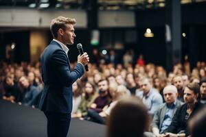 ai genererad högtalare ger en prata på företag konferens. publik på de konferens hall. företag och företagande. foto