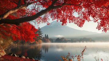 ai genererad fuji berg och sjö Kawaguchiko i höst säsong, japan foto