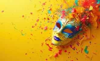 ai genererad färgrik karneval mask på de gul bakgrund foto