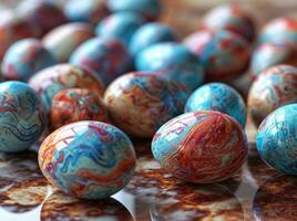 ai genererad många färgrik påsk ägg uppsättning på en tabell, foto