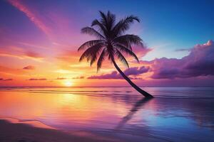ai genererad skön natur tropisk strand och hav med kokos handflatan träd på solnedgång tid för resa och semester foto