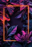 ai genererad neon neon och hibiskus löv i ett abstrakt ram med orange neon neon foto