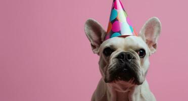 ai genererad Lycklig franska bulldogg med födelsedag hatt på rosa bakgrund foto