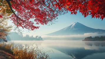 ai genererad fuji berg och sjö Kawaguchiko i höst säsong, japan foto