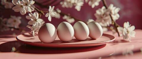 ai genererad vit ägg i en rad på rosa tallrik foto
