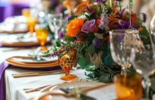ai genererad bröllop tabeller är uppsättning med många blommor till dekorera den foto
