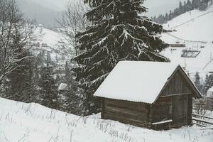 panorama av de by i de vinter- bergen täckt med snö. vinter- landskap. de begrepp av frihet och ensamhet. foto