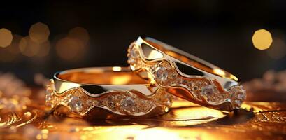 ai genererad två gyllene bröllop ringar är placerad tillsammans foto