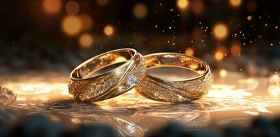 ai genererad två gyllene bröllop ringar är placerad tillsammans foto