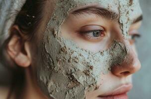 ai genererad kvinna sätta naturlig lera mask på foto