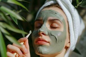 ai genererad kvinna använder sig av ett oliv olja och lera ansikte mask foto