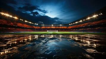 ai genererad hög vinkel upprättande skott. stadion med fotboll mästerskap match. lag spela, folkmassor av fläktar heja på. fotboll kopp turnering. sport kanal begrepp, skärm innehåll. bred skott. ai foto