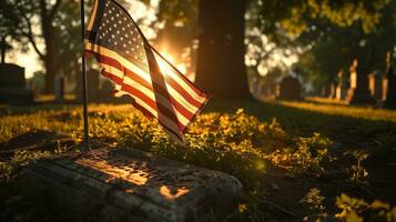 ai genererad solnedgång på amerikan kyrkogård med flagga och grav markörer foto