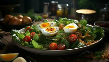 ai genererad friskhet på tallrik friska sallad, gourmet måltid, organisk vegetarian mat genererad förbi ai foto