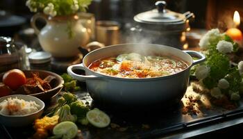 ai genererad färsk vegetabiliska soppa, kokta med kärlek, eras på rustik tabell genererad förbi ai foto