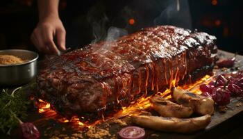 ai genererad grillad fläsk och nötkött, en gourmet måltid kokta över brand genererad förbi ai foto