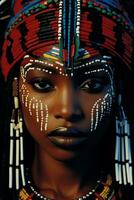 ai genererad ett afrikansk kvinna Utsmyckad med stam- smink och Smycken, visa upp henne kulturell arv och skönhet. generativ ai foto