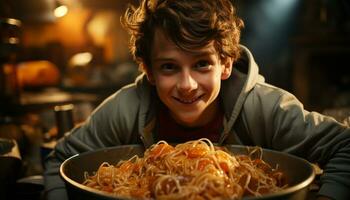 ai genererad leende caucasian pojke matlagning pasta, ser på kamera i kök genererad förbi ai foto