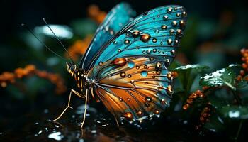 ai genererad vibrerande fjäril vinge ställer ut natur skönhet i stänga upp genererad förbi ai foto