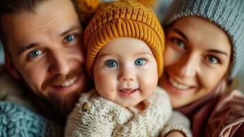 ai genererad Lycklig familj porträtt med leende bebis och föräldrar bär sticka hattar foto