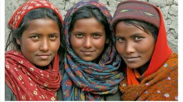 ai genererad tre flickor klädd i färgrik halsdukar stå bredvid en vägg. generativ ai foto