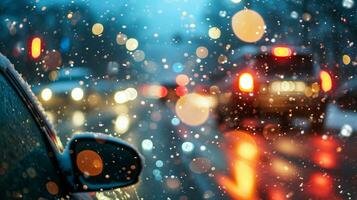 ai genererad en bil körning på en våt väg under regn. generativ ai foto