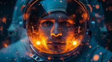 ai genererad astronaut med visir reflektioner i Plats uppdrag scenario foto