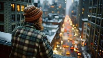 ai genererad en man tittar på de stad se i en snöig väder. generativ ai foto