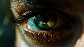 ai genererad närbild av en mänsklig öga med levande grön iris och detaljer foto