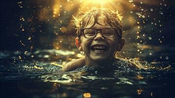 ai genererad en ung pojke med glasögon glatt simning i de vatten, njuter en uppfriskande och lekfull ögonblick. generativ ai foto