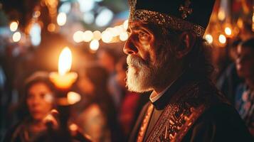 ai genererad en präst innehav en ljus under en ceremoni generativ ai foto