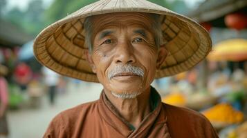 ai genererad äldre asiatisk man med traditionell hatt på lokal- marknadsföra närbild foto