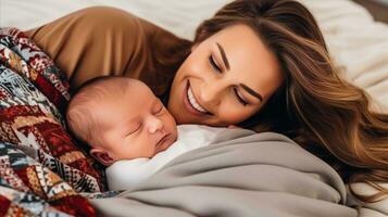 ai genererad en kvinna glatt vaggar henne nyfödd bebis, strålande lycka och kärlek i henne leende. generativ ai foto
