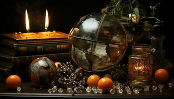 ai genererad en läskigt halloween tabell dekoration pumpa, ljus, och Spindel genererad förbi ai foto
