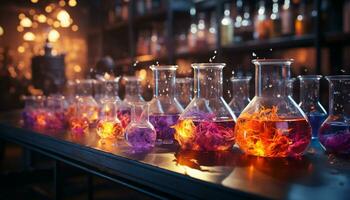 ai genererad vetenskaplig experimentera flytande kemi i mång färgad glas bägare genererad förbi ai foto