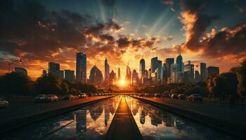 ai genererad stad horisont på skymning, skyskrapor upplyst förbi solnedgång gyllene reflexion genererad förbi ai foto