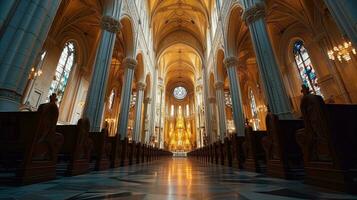 ai genererad majestätisk katedral interiör med gotik arkitektur och färgade glas fönster foto