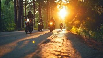 ai genererad en grupp av motorcykel ryttare ridning längs en väg i en trädbevuxen miljö. generativ ai foto