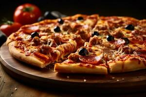 ai genererad överlägsen pizza med korv och oliver på en tallrik, närbild skott foto