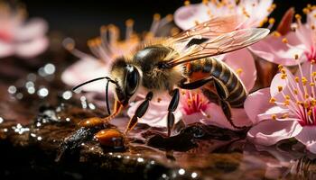 ai genererad upptagen honung bi arbetssätt, pollinerande blomma, samlar ljuv pollen genererad förbi ai foto