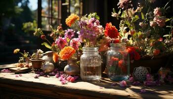 ai genererad färsk bukett av mång färgad blommor på rustik trä- tabell genererad förbi ai foto