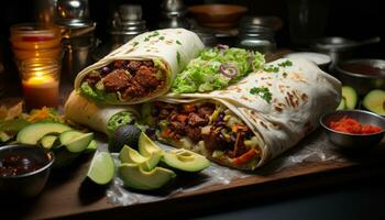 ai genererad grillad nötkött taco med guacamole, tomat, och Koriander på flatbread genererad förbi ai foto