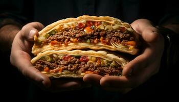 ai genererad ett person innehav hemlagad grillad nötkött taco på flatbread genererad förbi ai foto