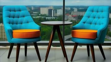 ai genererad två blå stolar med orange kuddar Nästa till en tabell i de rum. generativ ai foto